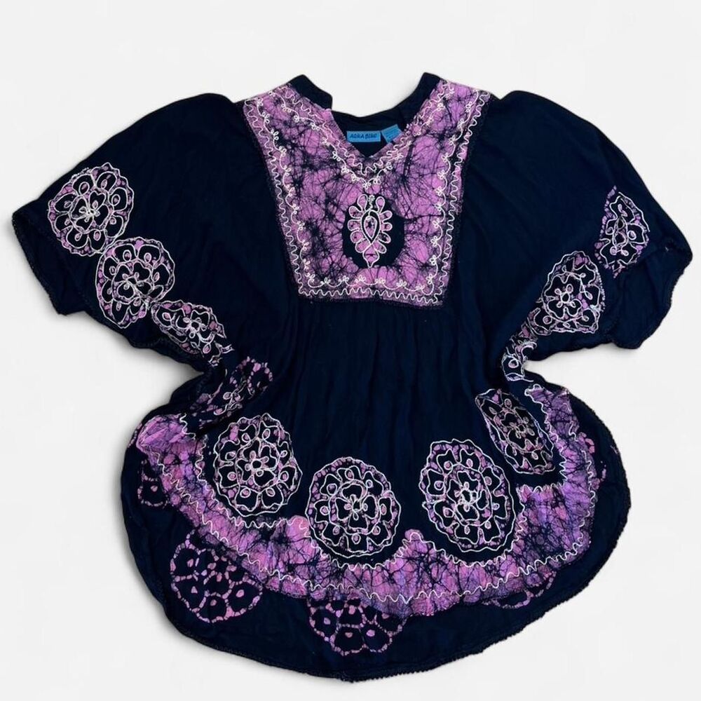 Y2K aqua blue XL purple and black top paisley like pattern embroidered whimsy 90